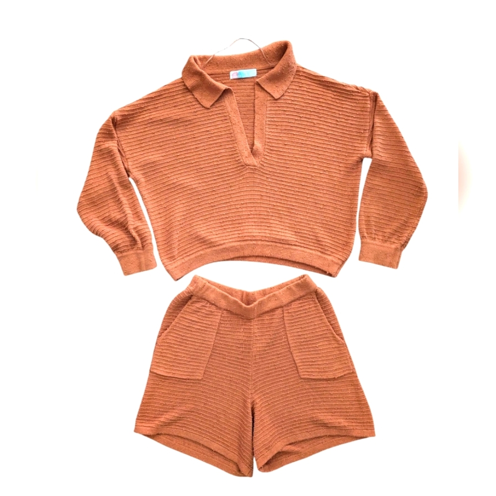 Free People Burnt Orange Ribbed Knit Sweater and Shorts Set